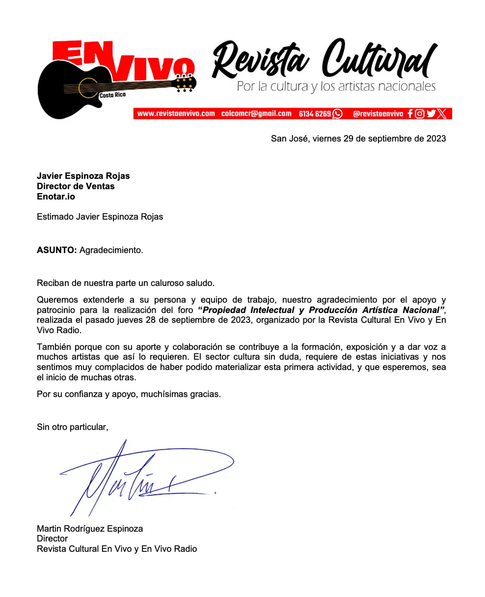 Thank you letter from the director of 'En Vivo' magazine to enotar.io - Martin Rodriguez